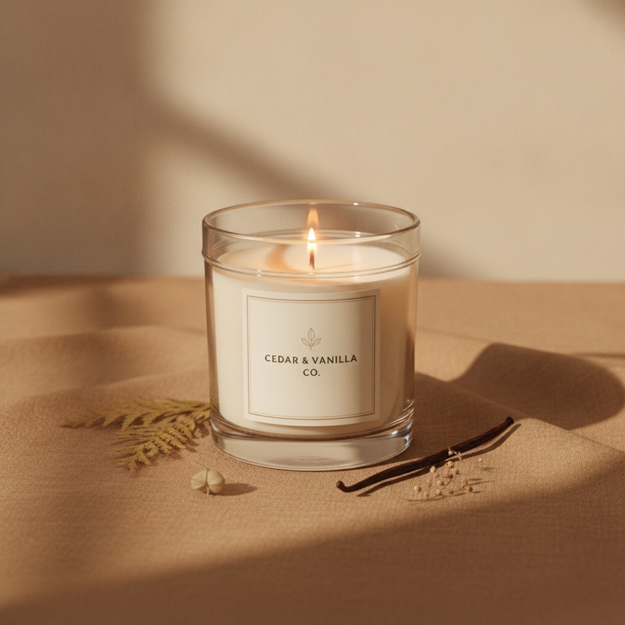The same candle, styled on warm linen